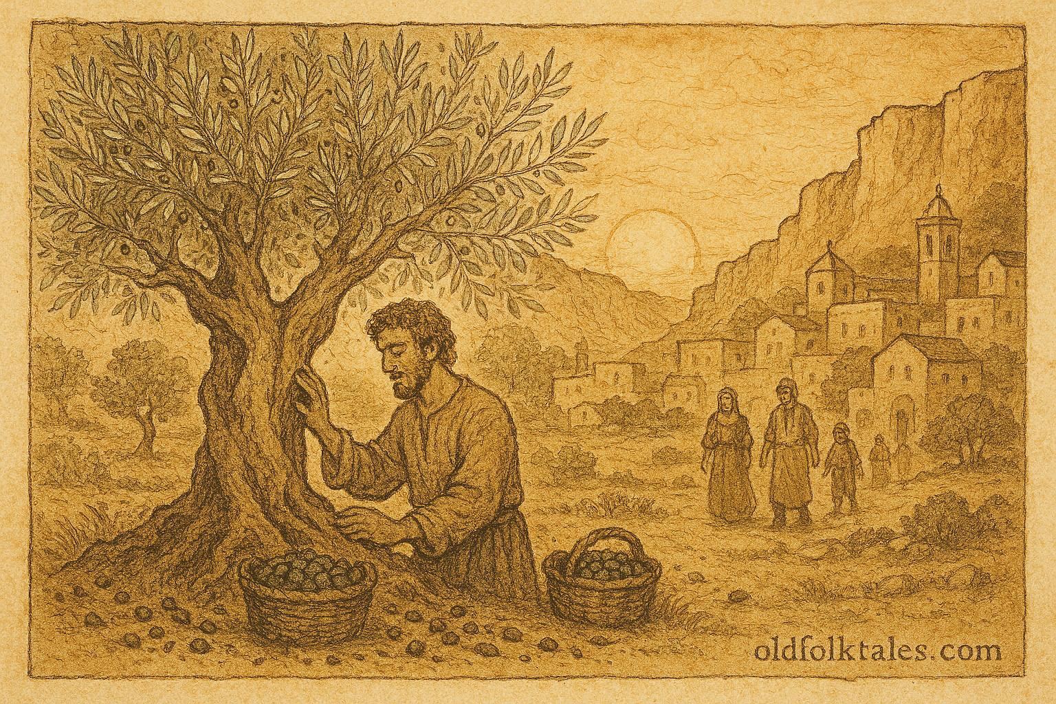 An illustration of Luca caring for the enchanted olive tree, Maltese folktale scene.