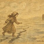 An illustration of sister crossing frozen river with spirits, Bosnian folktale scene.