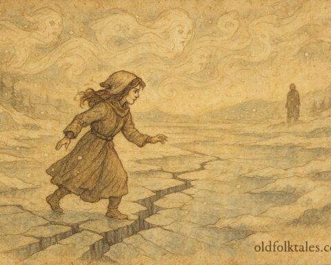 An illustration of sister crossing frozen river with spirits, Bosnian folktale scene.