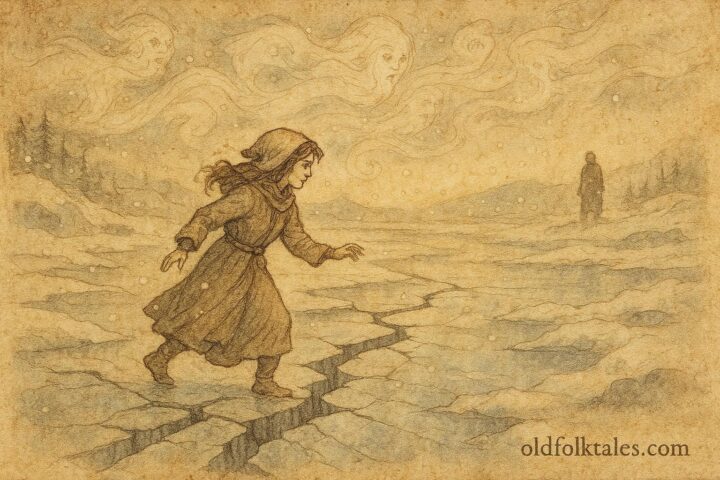 An illustration of sister crossing frozen river with spirits, Bosnian folktale scene.