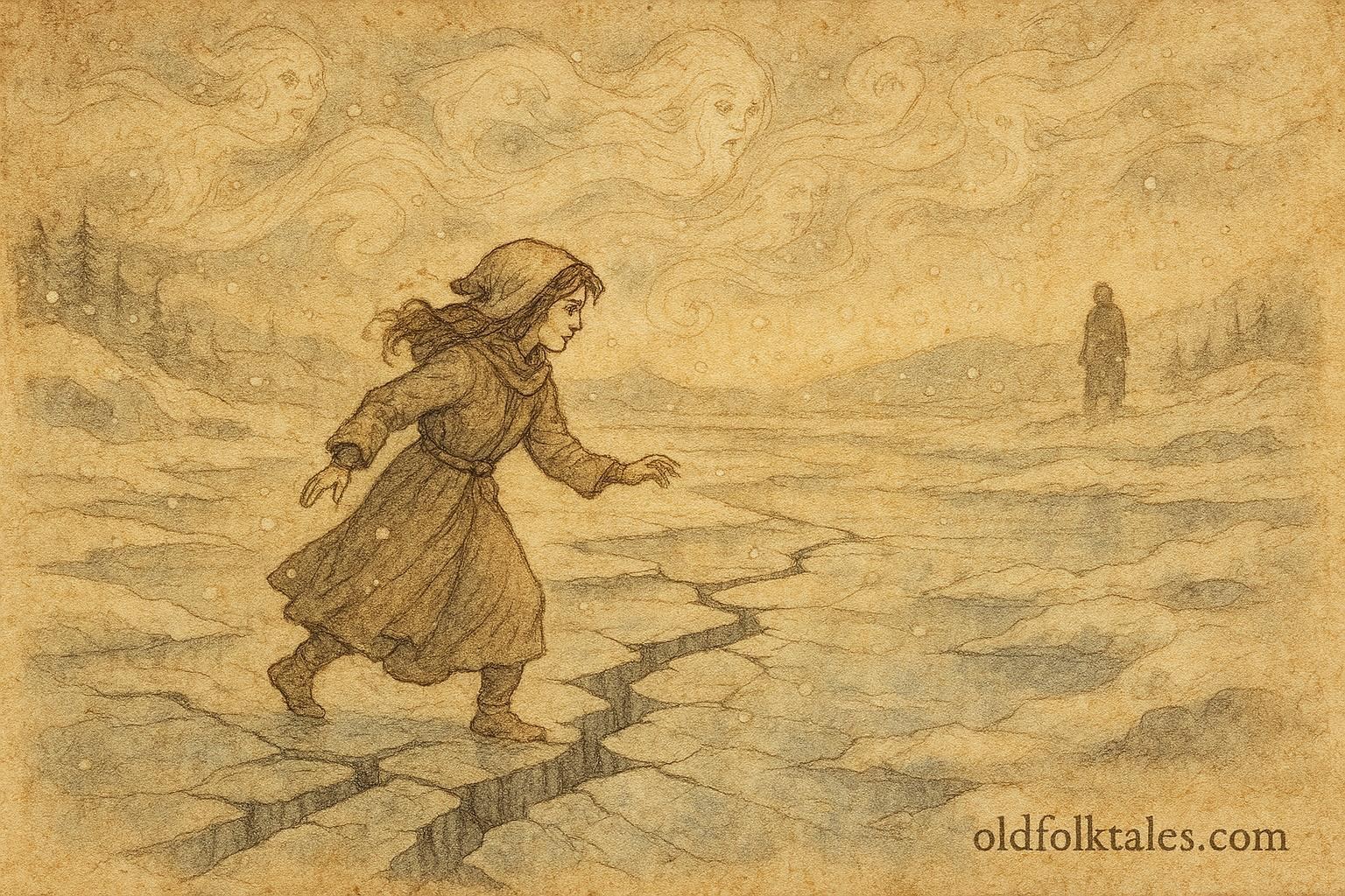 An illustration of sister crossing frozen river with spirits, Bosnian folktale scene.