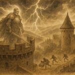The ghost knight guarding castle during storm, Luxembourg Ardennes folktale scene.