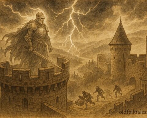 The ghost knight guarding castle during storm, Luxembourg Ardennes folktale scene.