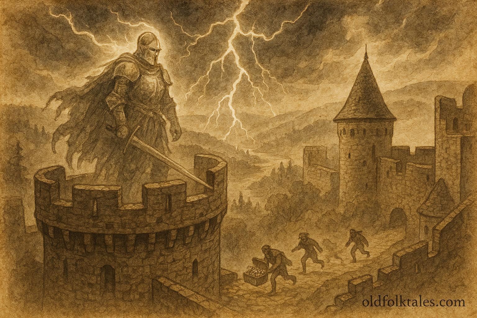 The ghost knight guarding castle during storm, Luxembourg Ardennes folktale scene.