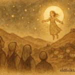 An illustration of Albanian girl transforming into the Moon above hills.