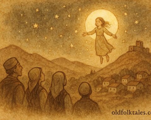 An illustration of Albanian girl transforming into the Moon above hills.