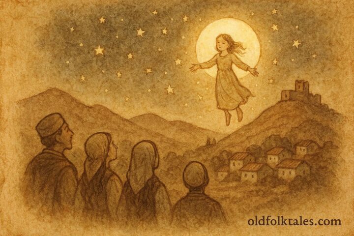An illustration of Albanian girl transforming into the Moon above hills.