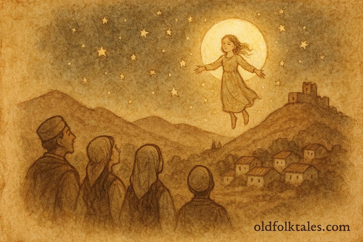 An illustration of Albanian girl transforming into the Moon above hills.