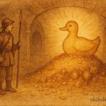 An illustration of soldier meeting golden duck in underground chamber, Polish folktale scene.