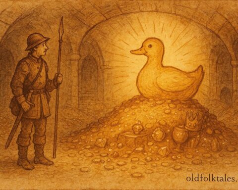 An illustration of soldier meeting golden duck in underground chamber, Polish folktale scene.