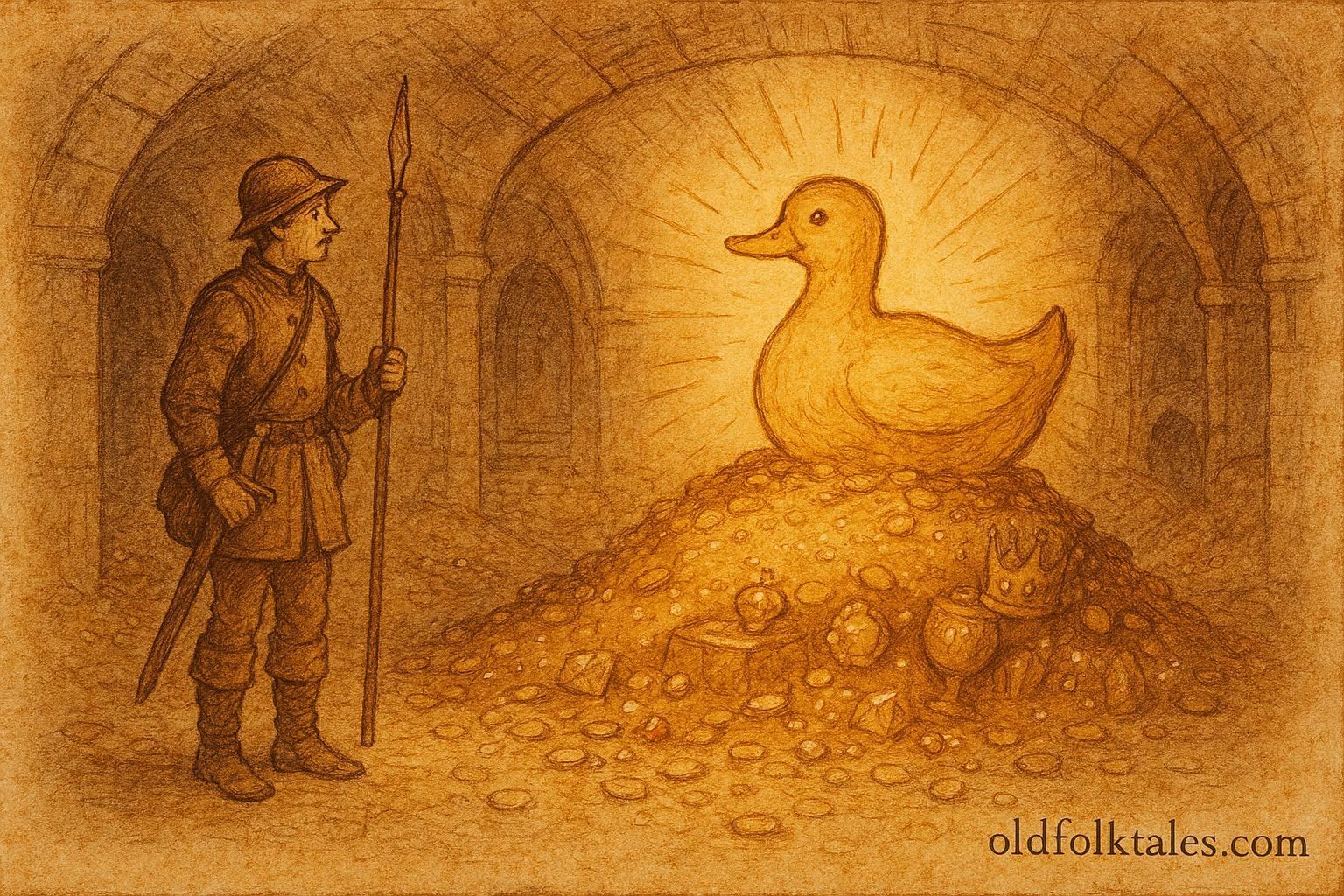 An illustration of soldier meeting golden duck in underground chamber, Polish folktale scene.