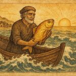 An illustration of Manuel holding the golden fish, Portuguese folktale scene.