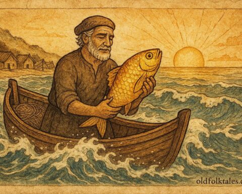 An illustration of Manuel holding the golden fish, Portuguese folktale scene.
