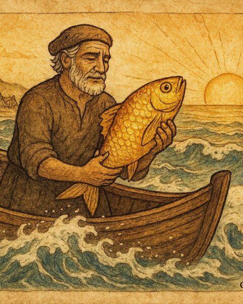 An illustration of Manuel holding the golden fish, Portuguese folktale scene.