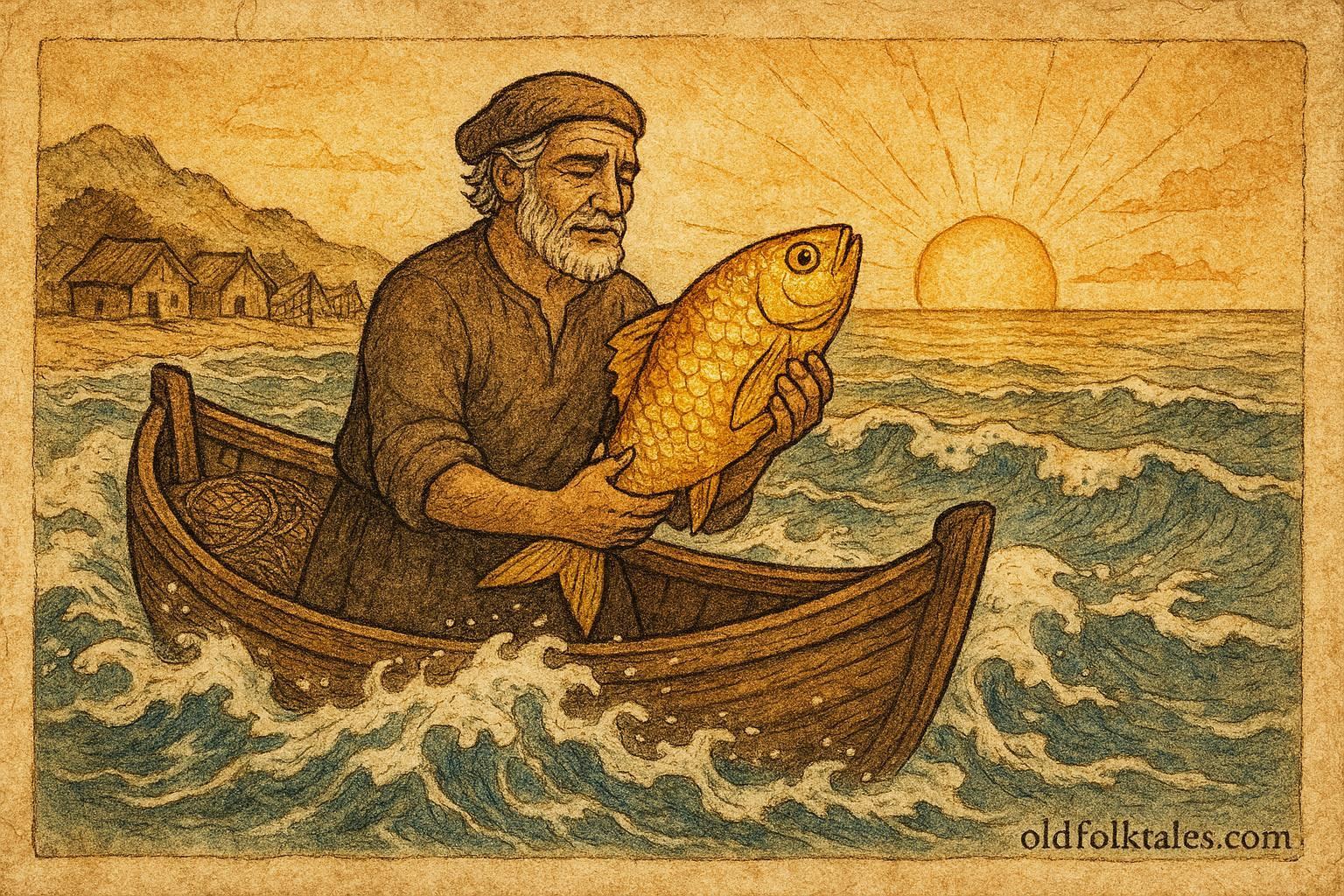 An illustration of Manuel holding the golden fish, Portuguese folktale scene.