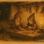 Kabouters crafting shoes at night, Dutch folktale village scene.