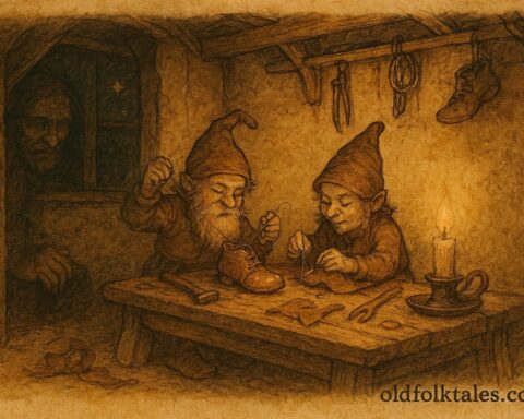 Kabouters crafting shoes at night, Dutch folktale village scene.