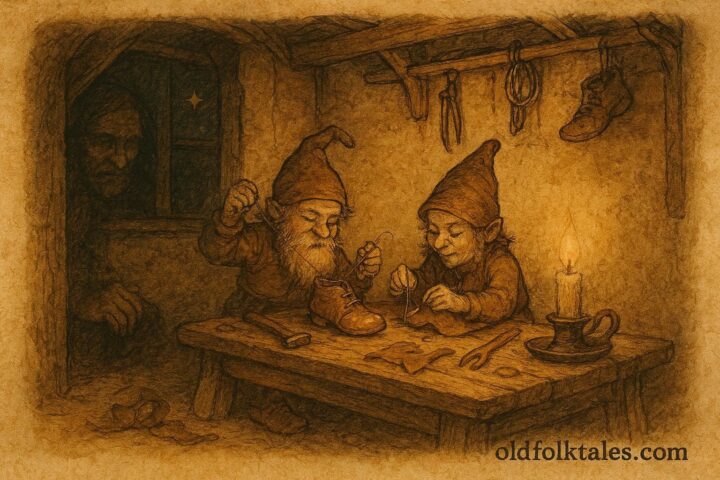 Kabouters crafting shoes at night, Dutch folktale village scene.