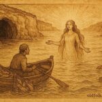 An illustration of Tomaso fishing with the Lady of the Sea Cave, Maltese folktale scene.