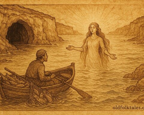 An illustration of Tomaso fishing with the Lady of the Sea Cave, Maltese folktale scene.