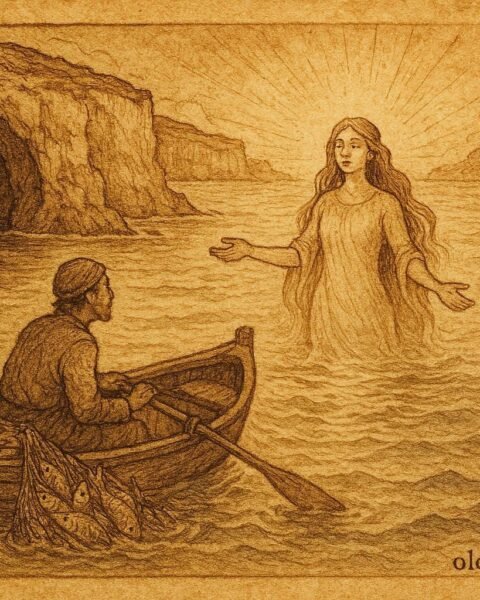 An illustration of Tomaso fishing with the Lady of the Sea Cave, Maltese folktale scene.