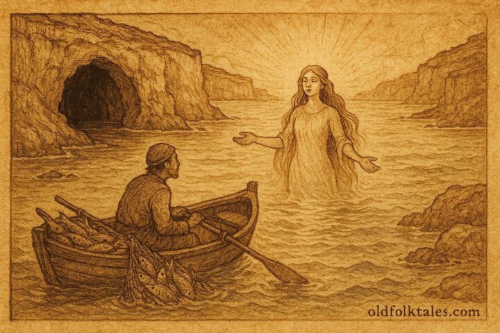An illustration of Tomaso fishing with the Lady of the Sea Cave, Maltese folktale scene.