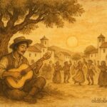 An illustration of Diego playing the magic guitar, Andalusian folktale scene.