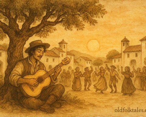 An illustration of Diego playing the magic guitar, Andalusian folktale scene.