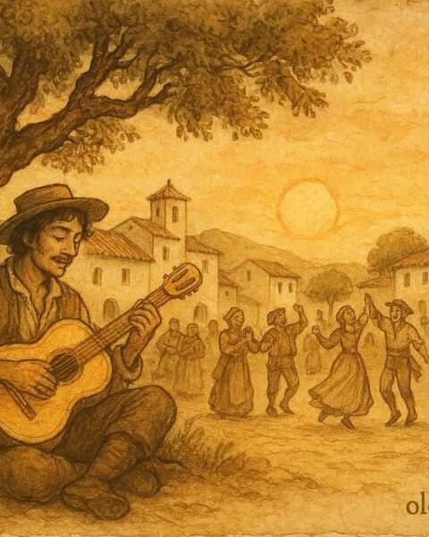An illustration of Diego playing the magic guitar, Andalusian folktale scene.