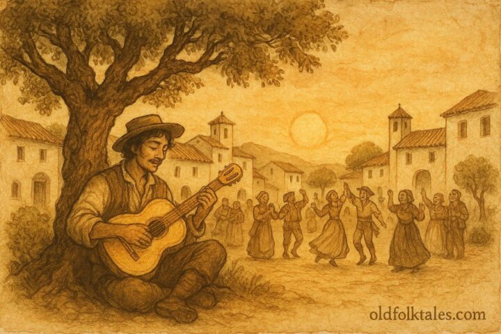 An illustration of Diego playing the magic guitar, Andalusian folktale scene.