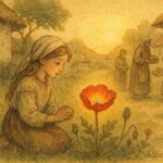 An illustration of girl with magical poppy sharing wealth, Ukrainian folktale scene.