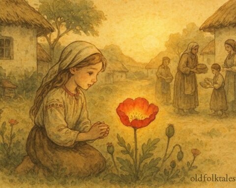 An illustration of girl with magical poppy sharing wealth, Ukrainian folktale scene.