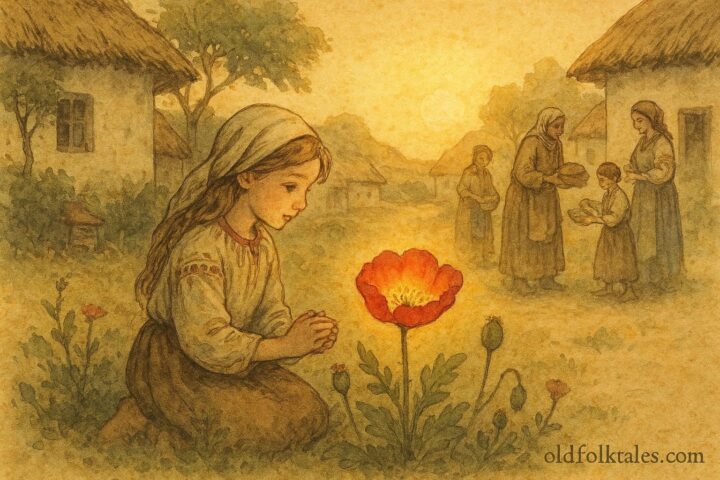 An illustration of girl with magical poppy sharing wealth, Ukrainian folktale scene.