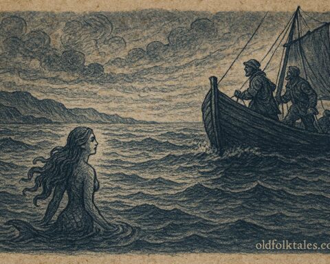 An illustration of a mermaid appearing in a storm near fishermen in West Flanders.