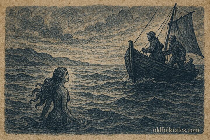 An illustration of a mermaid appearing in a storm near fishermen in West Flanders.