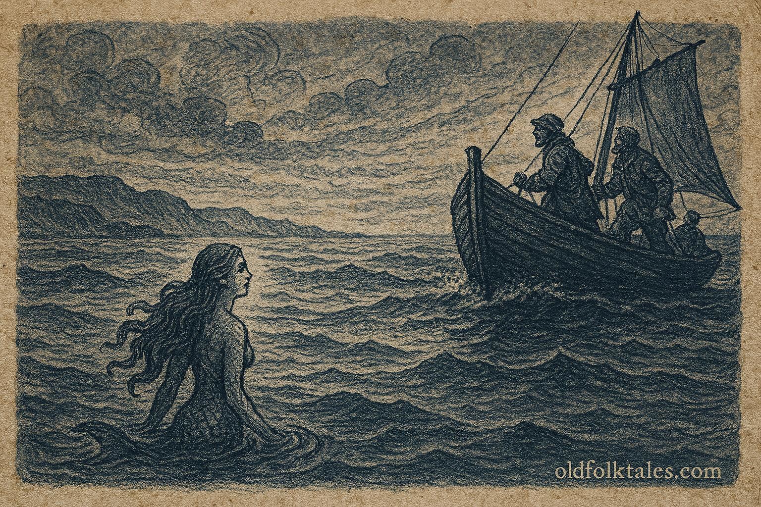 An illustration of a mermaid appearing in a storm near fishermen in West Flanders.