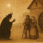 A miller and daughter confronting devil, Belgian Wallonia folktale scene.