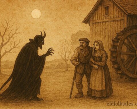 A miller and daughter confronting devil, Belgian Wallonia folktale scene.