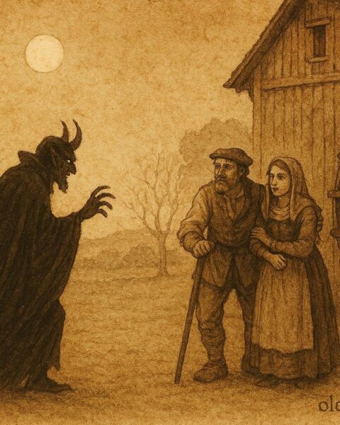 A miller and daughter confronting devil, Belgian Wallonia folktale scene.