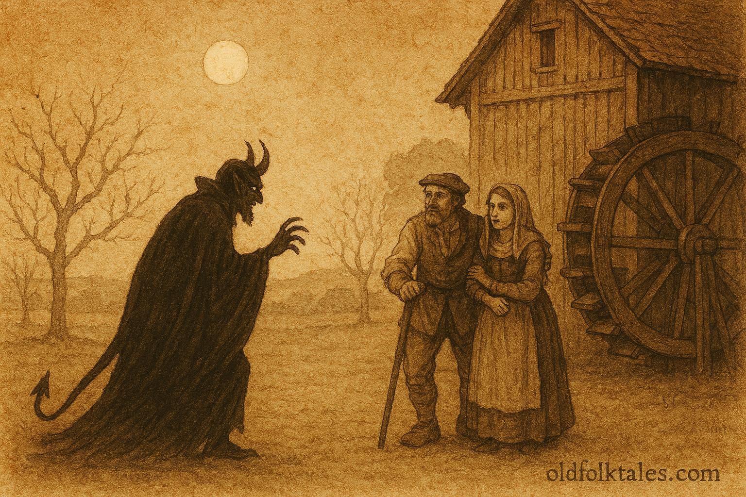 A miller and daughter confronting devil, Belgian Wallonia folktale scene.