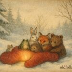An illustration of woodland animals inside a red mitten, Ukrainian winter folktale scene.