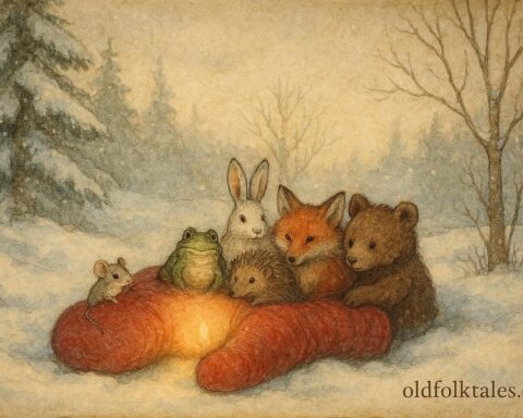 An illustration of woodland animals inside a red mitten, Ukrainian winter folktale scene.