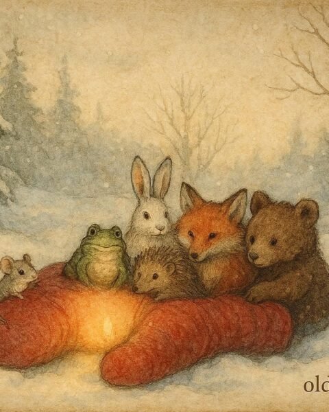 An illustration of woodland animals inside a red mitten, Ukrainian winter folktale scene.