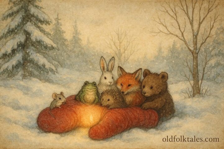 An illustration of woodland animals inside a red mitten, Ukrainian winter folktale scene.