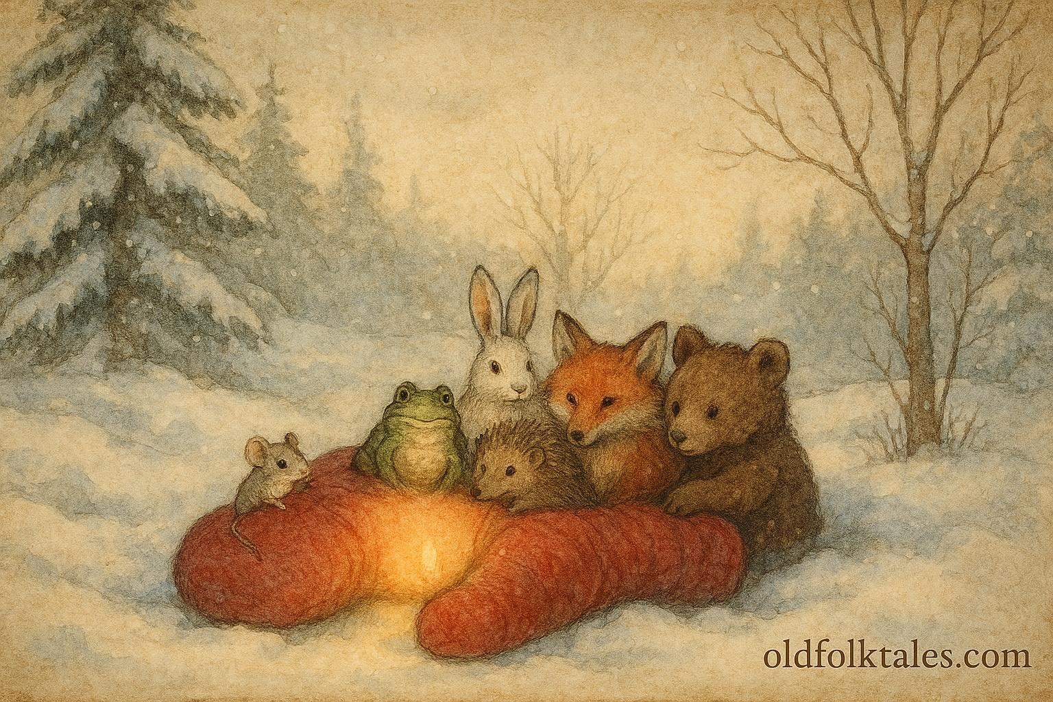 An illustration of woodland animals inside a red mitten, Ukrainian winter folktale scene.