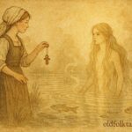 An illustration of Swedish miller’s daughter confronting a glowing nixie at a pond.