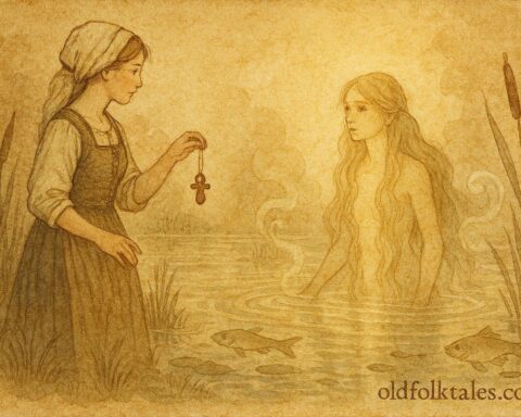 An illustration of Swedish miller’s daughter confronting a glowing nixie at a pond.