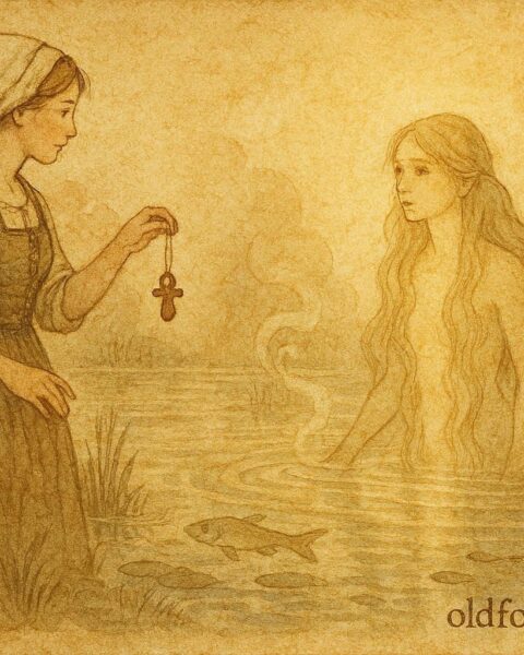 An illustration of Swedish miller’s daughter confronting a glowing nixie at a pond.