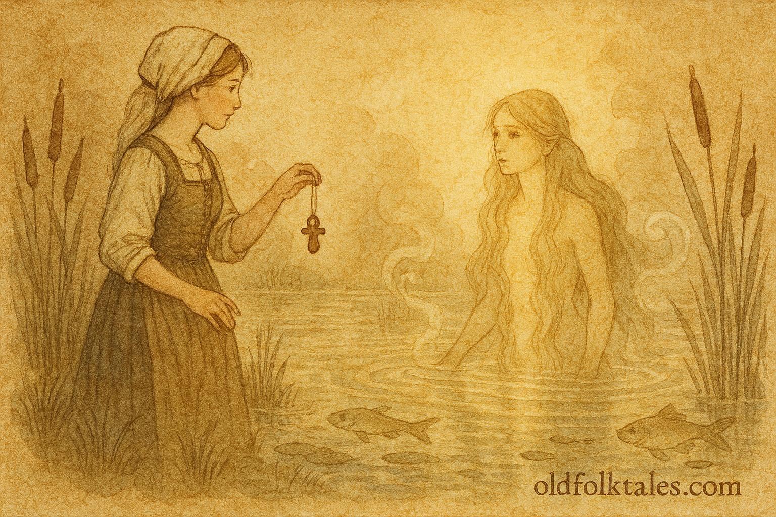 An illustration of Swedish miller’s daughter confronting a glowing nixie at a pond.