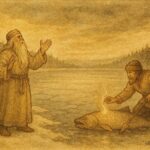 An illustration of Väinämöinen and Ilmarinen retrieving fire, Finnish Kalevala scene.